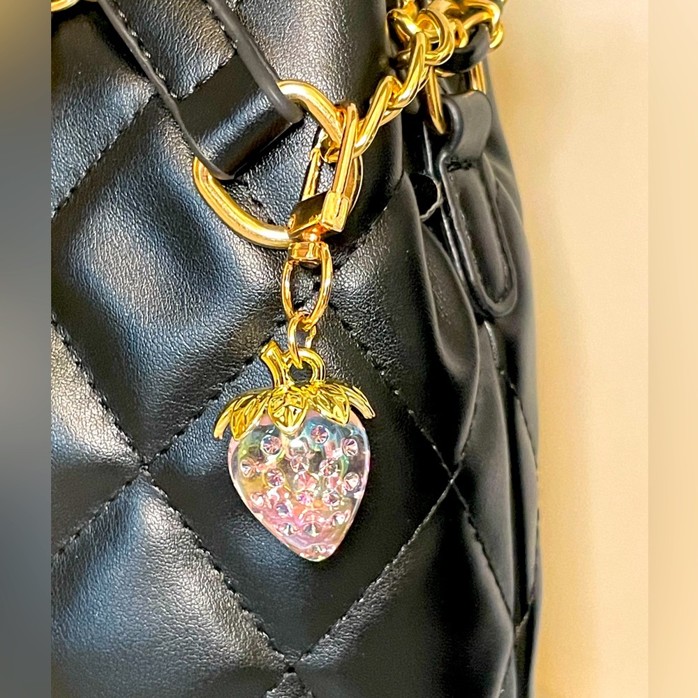 Strawberry Bag Charm Keychain Light Pink Clear Iridescent